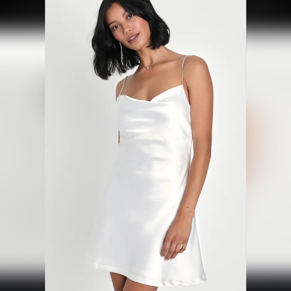 Lulus Rare Sparkle White Satin Rhinestone Strap Mini Dress - Picture 2 of 5
